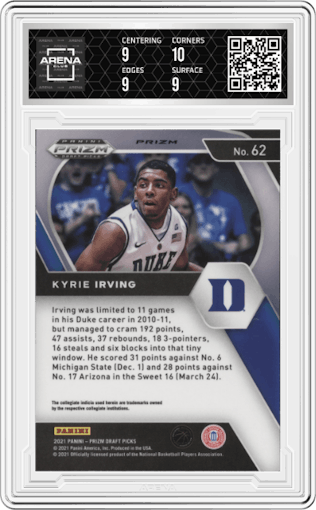 Kyrie Irving from the 2021-22 Panini Prizm Draft Picks set featuring a Silver Prizm parallel graded by Arena Club and given an overall grade of 9.5.