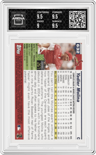 Yadier Molina from the 2005 Topps set graded by Arena Club and given an overall grade of 9.5.