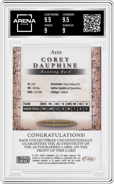 Corey Dauphine from the 2021 Sage Hit Premier Draft High Series set graded by Arena Club and given an overall grade of 9.5.