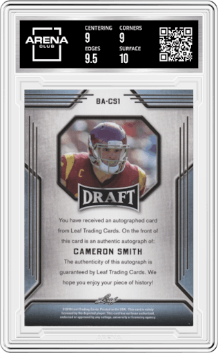 Cameron Smith from the 2019 Leaf Draft set featuring a Gold parallel graded by Arena Club and given an overall grade of 9.5.