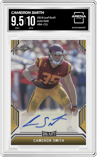Cameron Smith from the 2019 Leaf Draft set featuring a Gold parallel graded by Arena Club and given an overall grade of 9.5.