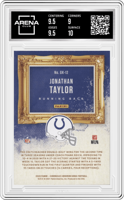 Jonathan Taylor from the 2020 Panini Chronicles set graded by Arena Club and given an overall grade of 9.5.