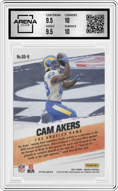 Cam Akers from the 2021 Panini Mosaic set featuring a Green Mosaic parallel graded by Arena Club and given an overall grade of 10.