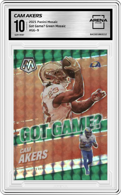 Cam Akers from the 2021 Panini Mosaic set featuring a Green Mosaic parallel graded by Arena Club and given an overall grade of 10.