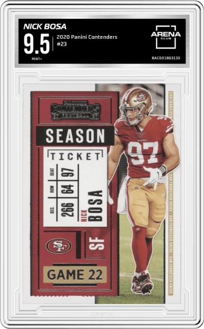 Nick Bosa from the 2020 Panini Contenders set graded by Arena Club and given an overall grade of 9.5.