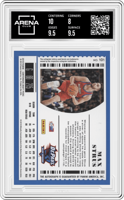 Max Strus from the 2019-20 Panini Contenders Draft Picks Basketball set featuring a Blue   parallel graded by Arena Club and given an overall grade of 8.5.