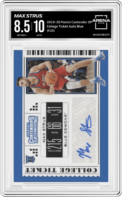 Max Strus from the 2019-20 Panini Contenders Draft Picks Basketball set featuring a Blue   parallel graded by Arena Club and given an overall grade of 8.5.