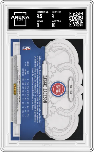 Reggie Jackson from the 2017-18 Panini Crown Royale set graded by Arena Club and given an overall grade of 8.5.