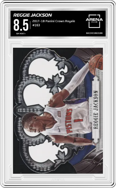 Reggie Jackson from the 2017-18 Panini Crown Royale set graded by Arena Club and given an overall grade of 8.5.