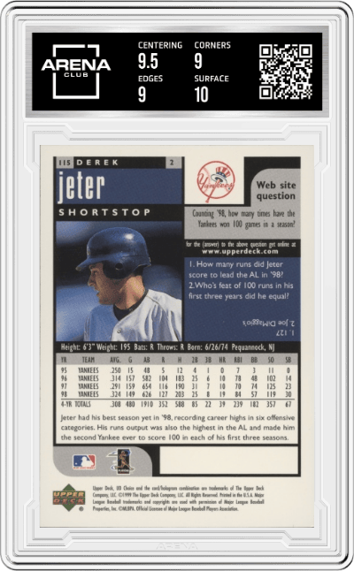 Derek Jeter from the 1999 UD Choice set graded by Arena Club and given an overall grade of 9.5.