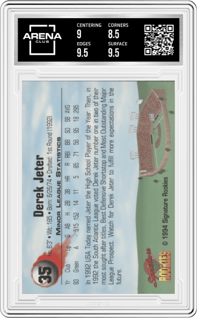 Derek Jeter from the 1994 Signature Rookies set graded by Arena Club and given an overall grade of 9.