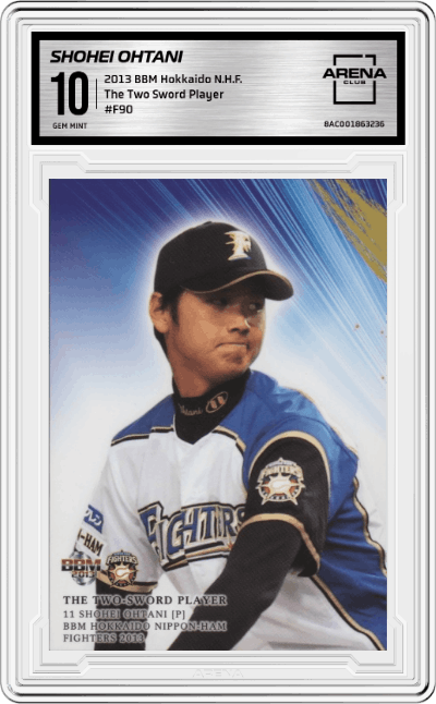 Shohei Ohtani from the 2013 BBM Hokkaido N.H.F. set graded by Arena Club and given an overall grade of 10.