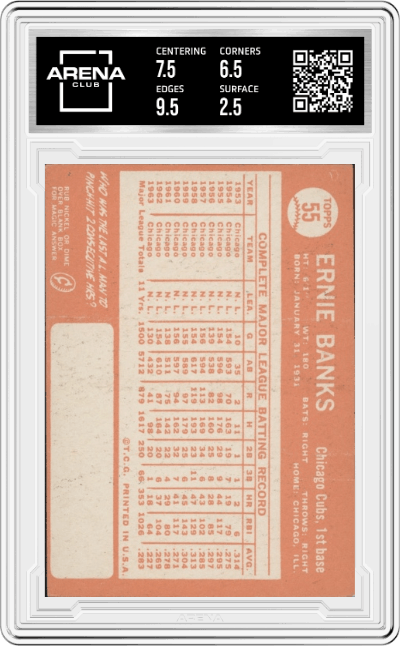 Ernie Banks from the 1964 Topps set graded by Arena Club and given an overall grade of 3.