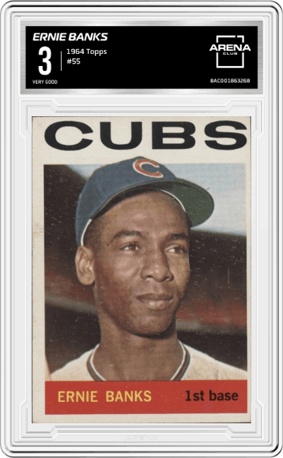 Ernie Banks from the 1964 Topps set graded by Arena Club and given an overall grade of 3.
