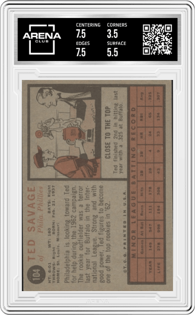 Ted Savage from the 1962 Topps set graded by Arena Club and given an overall grade of 4.