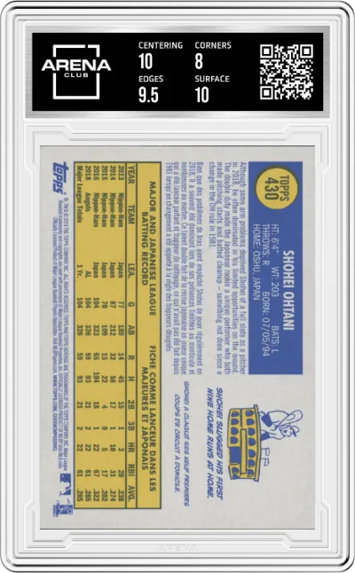 Shohei Ohtani from the 2019 Topps Heritage set graded by Arena Club and given an overall grade of 8.5.