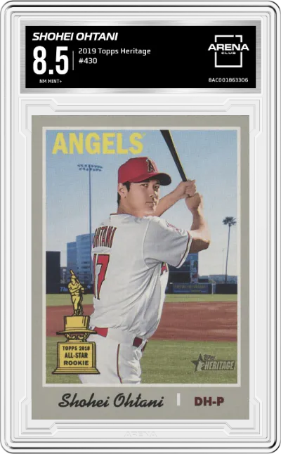 Shohei Ohtani from the 2019 Topps Heritage set graded by Arena Club and given an overall grade of 8.5.