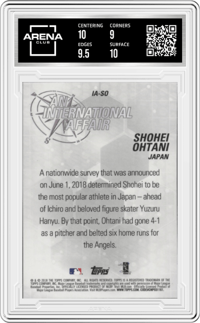 Shohei Ohtani from the 2018 Topps Update set graded by Arena Club and given an overall grade of 9.5.