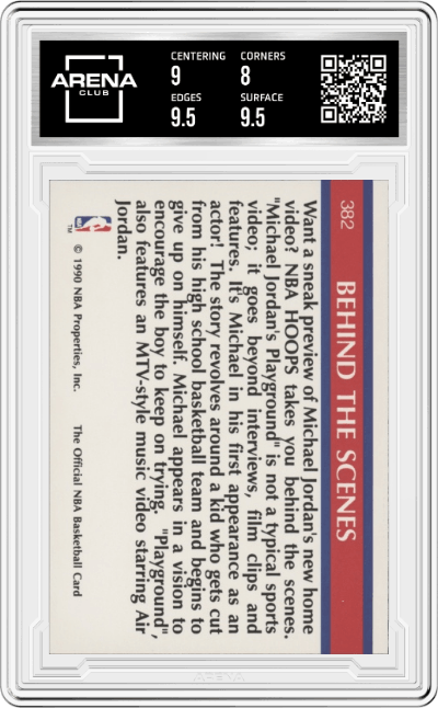 Michael Jordan from the 1990-91 NBA Hoops set graded by Arena Club and given an overall grade of 8.5.