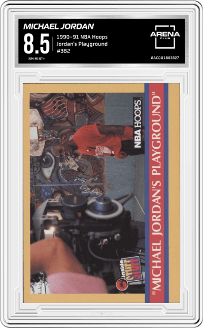 Michael Jordan from the 1990-91 NBA Hoops set graded by Arena Club and given an overall grade of 8.5.