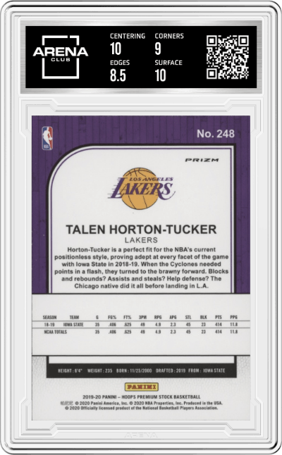 Talen Horton-Tucker from the 2019-20 Panini Hoops Premium Stock set featuring a Silver Laser  parallel graded by Arena Club and given an overall grade of 9.