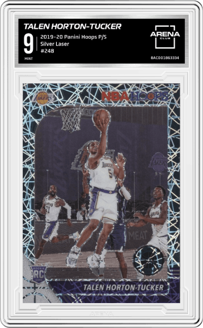 Talen Horton-Tucker from the 2019-20 Panini Hoops Premium Stock set featuring a Silver Laser  parallel graded by Arena Club and given an overall grade of 9.