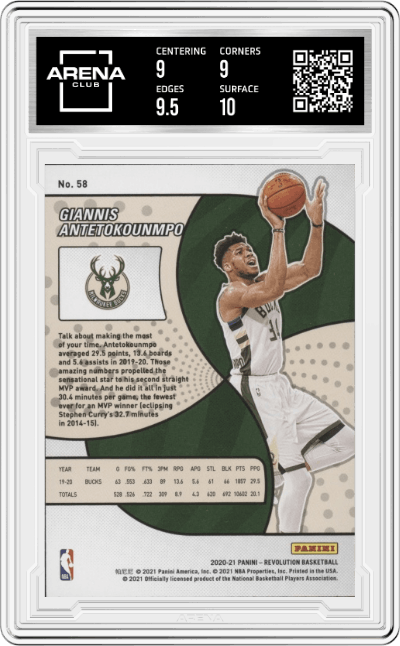 Giannis Antetokounmpo from the 2020-21 Panini Revolution set graded by Arena Club and given an overall grade of 9.5.
