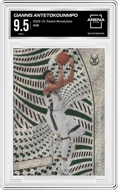 Giannis Antetokounmpo from the 2020-21 Panini Revolution set graded by Arena Club and given an overall grade of 9.5.