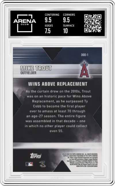 Mike Trout from the 2020 Topps Chrome set graded by Arena Club and given an overall grade of 8.