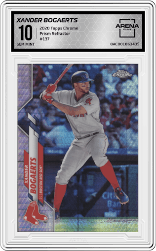 Xander Bogaerts from the 2020 Topps Chrome set featuring a Prism Refractor parallel graded by Arena Club and given an overall grade of 10.