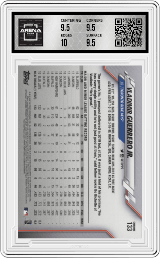 Vladimir Guerrero Jr. from the 2020 Topps Chrome set graded by Arena Club and given an overall grade of 10.