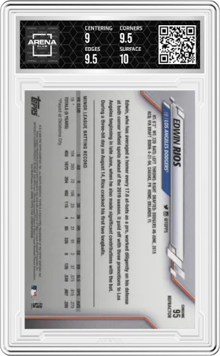 Edwin Rios from the 2020 Topps Chrome set featuring a Pink Refractor parallel graded by Arena Club and given an overall grade of 9.5.