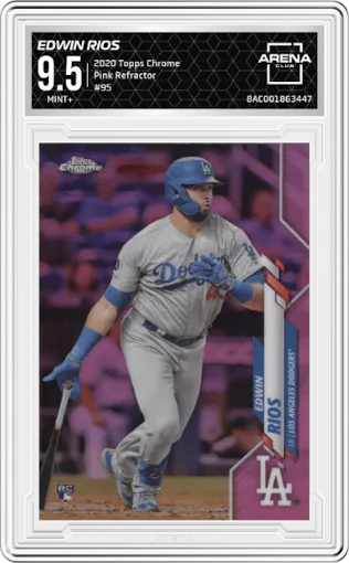 Edwin Rios from the 2020 Topps Chrome set featuring a Pink Refractor parallel graded by Arena Club and given an overall grade of 9.5.