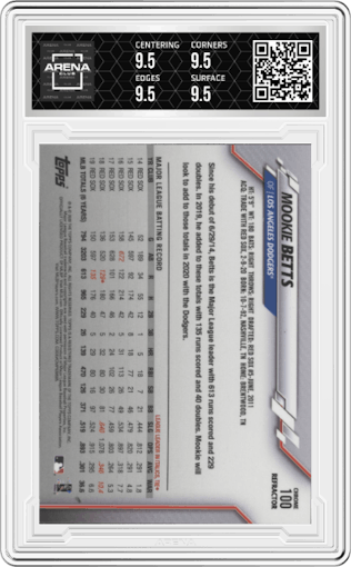 Mookie Betts from the 2020 Topps Chrome set featuring a Pink Refractor parallel graded by Arena Club and given an overall grade of 9.5.