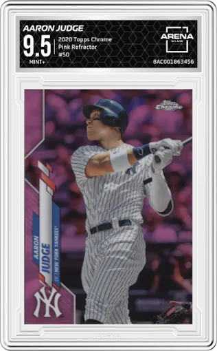 Aaron Judge from the 2020 Topps Chrome set featuring a Pink Refractor parallel graded by Arena Club and given an overall grade of 9.5.