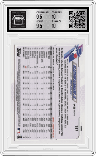 Vladimir Guerrero Jr. from the 2021 Topps Chrome set featuring a Pink Refractor parallel graded by Arena Club and given an overall grade of 10.