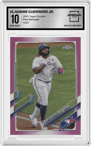 Vladimir Guerrero Jr. from the 2021 Topps Chrome set featuring a Pink Refractor parallel graded by Arena Club and given an overall grade of 10.