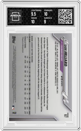 Sam Hilliard from the 2020 Topps Chrome set graded by Arena Club and given an overall grade of 9.5.