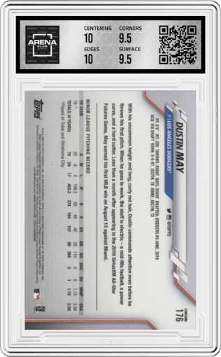 Dustin May from the 2020 Topps Chrome set graded by Arena Club and given an overall grade of 10.