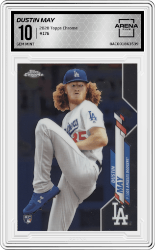 Dustin May from the 2020 Topps Chrome set graded by Arena Club and given an overall grade of 10.