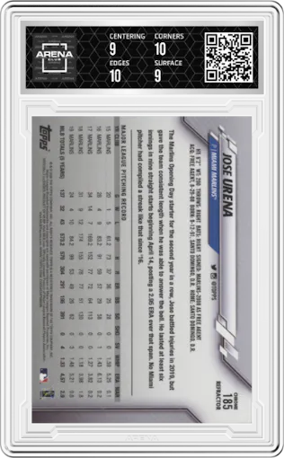 Jose Urena from the 2020 Topps Chrome set featuring a Pink Refractor parallel graded by Arena Club and given an overall grade of 9.5.