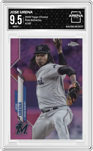 Jose Urena from the 2020 Topps Chrome set featuring a Pink Refractor parallel graded by Arena Club and given an overall grade of 9.5.