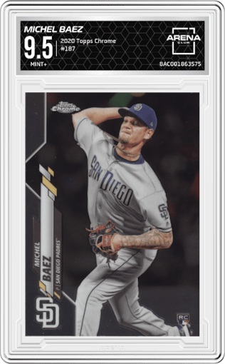 Michel Baez from the 2020 Topps Chrome set graded by Arena Club and given an overall grade of 9.5.