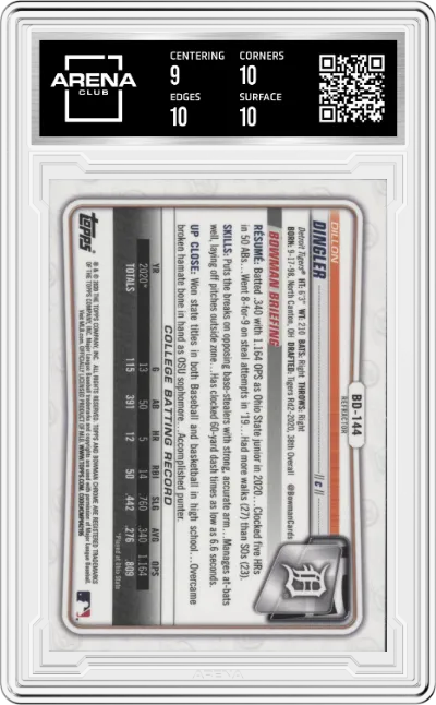 Dillon Dingler from the 2020 Bowman Draft set featuring a Refractor parallel graded by Arena Club and given an overall grade of 9.5.