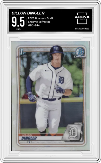 Dillon Dingler from the 2020 Bowman Draft set featuring a Refractor parallel graded by Arena Club and given an overall grade of 9.5.