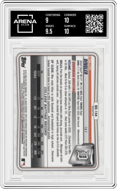 Dillon Dingler from the 2020 Bowman Draft set featuring a Refractor parallel graded by Arena Club and given an overall grade of 9.5.