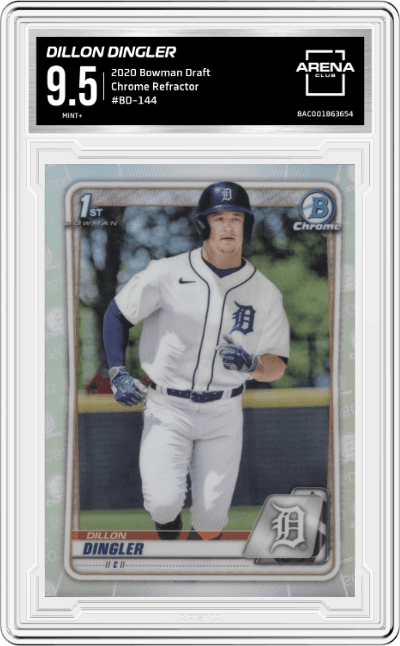 Dillon Dingler from the 2020 Bowman Draft set featuring a Refractor parallel graded by Arena Club and given an overall grade of 9.5.