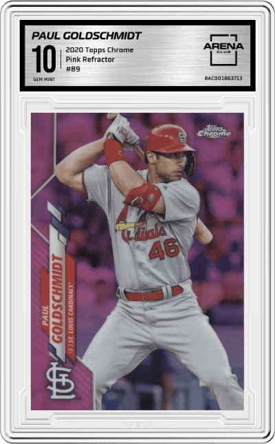 Paul Goldschmidt from the 2020 Topps Chrome set featuring a Pink Refractor parallel graded by Arena Club and given an overall grade of 10.