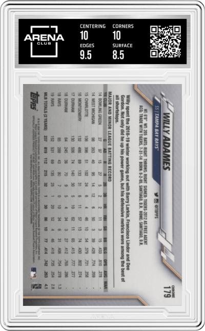 Willy Adames from the 2020 Topps Chrome set featuring a Prism Refractor parallel graded by Arena Club and given an overall grade of 9.