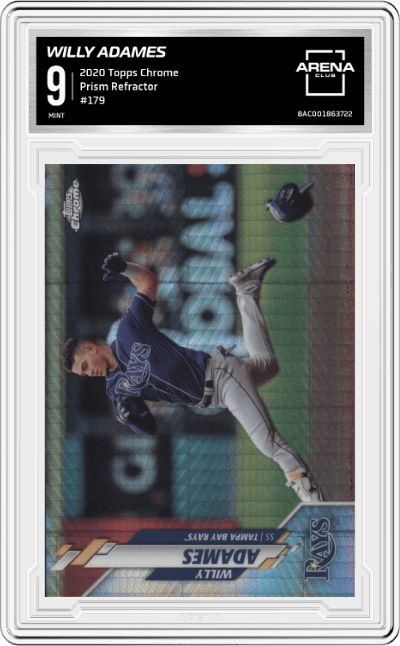 Willy Adames from the 2020 Topps Chrome set featuring a Prism Refractor parallel graded by Arena Club and given an overall grade of 9.